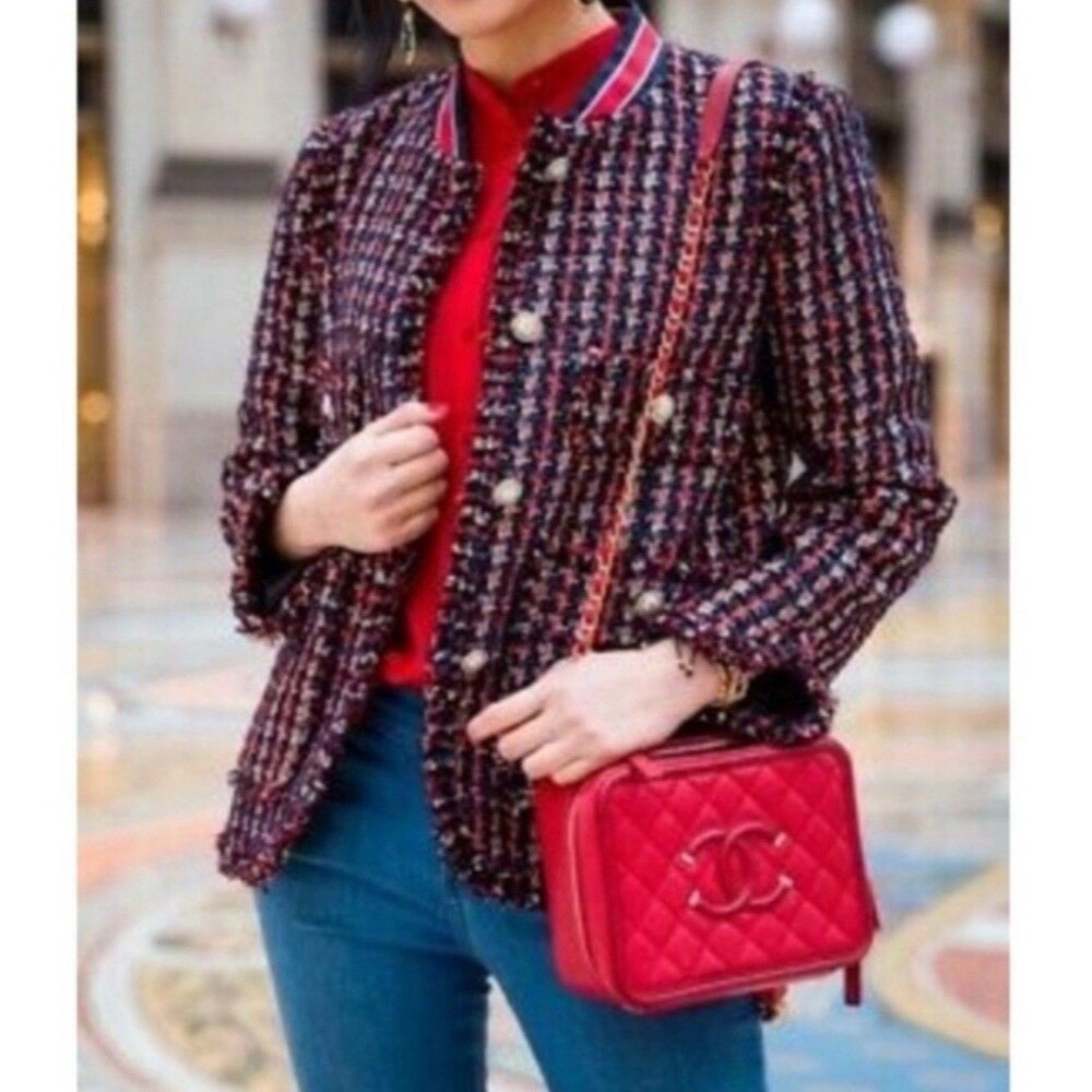 Zara Red Tweed Blazer Jacket With Striped Details Sz M Pearl Like Buttons - Picture 10 of 15